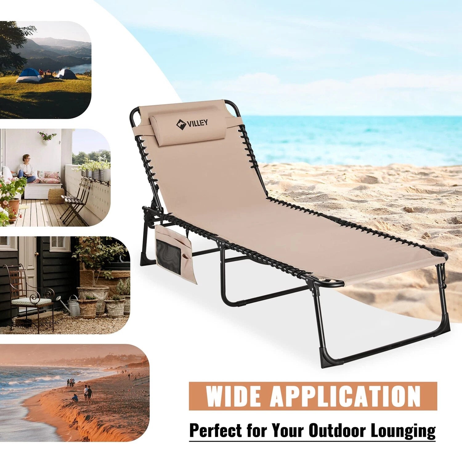 VILLEY Heavy-Duty Folding Chaise Lounge Oversize Lounge Chair Outdoor 440lbs Max