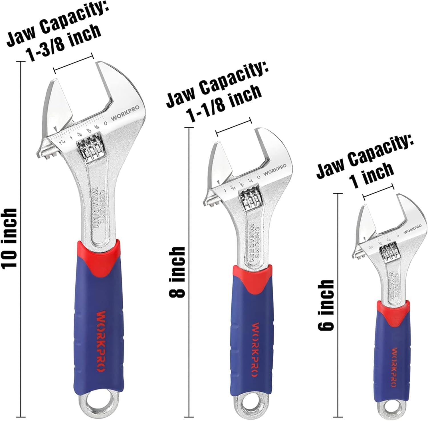 WORKPRO 3pc Adjustable Wrench Set 6''–10'' by WORKPRO