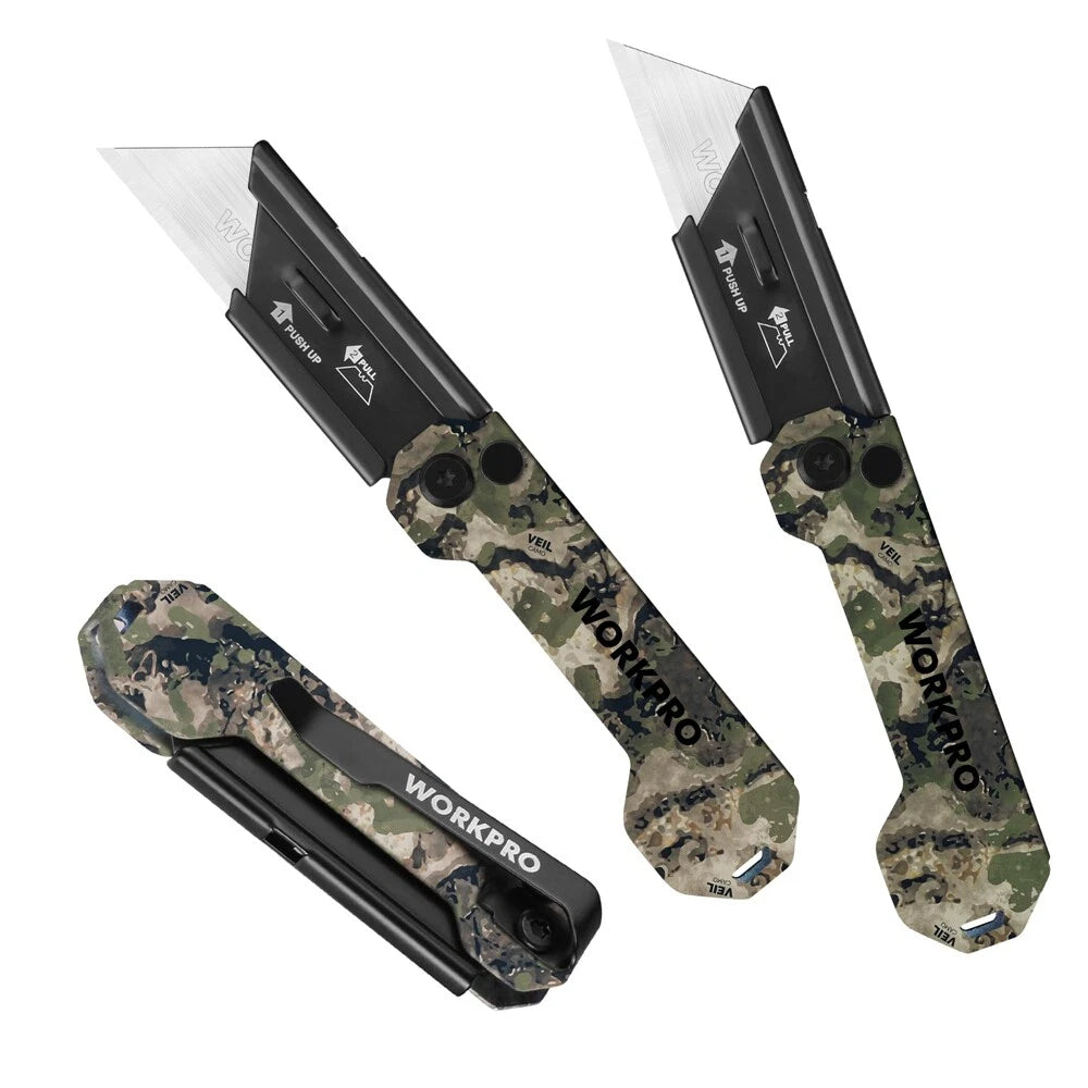 Workpro 3pack Camo Folding Utility Knife Set Pocket Knife W/quick