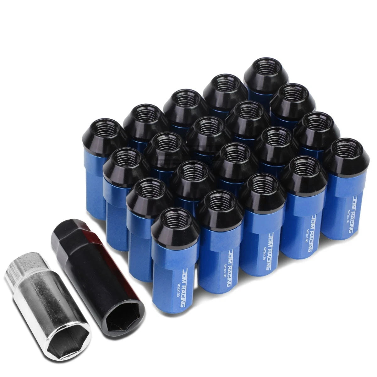 M12x1.5 53mm Tall 23mm Od Blue Aluminum Jdm Lug Nuts With Caps+adapter