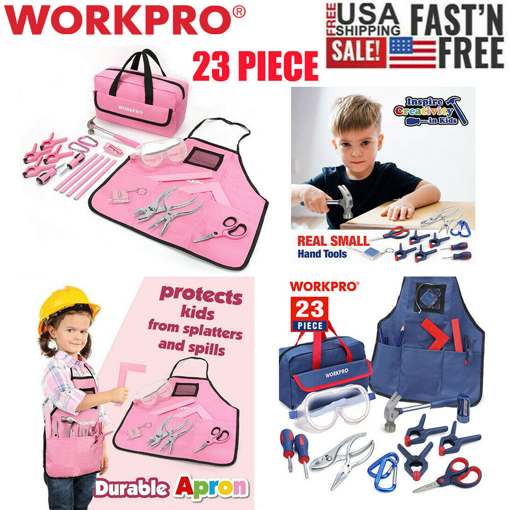 WORKPRO 23PCS Pink/Blue Kids SAFE COMFORT DESIGN Hand Tool Kit Home