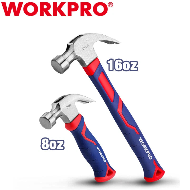 WORKPRO 2PC Claw Hammer Set 16 oz Fiberglass Claw Hammer 8 oz Stubby Claw Hammer
