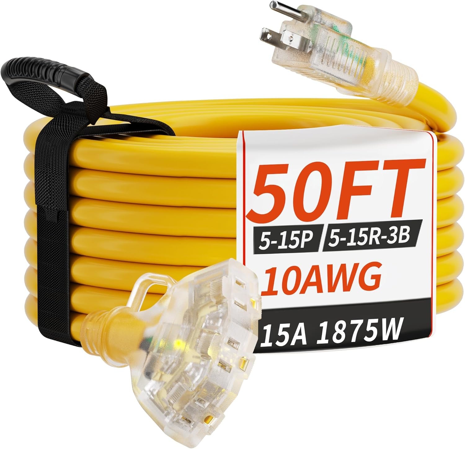 50 FT 10 Gauge Outdoor Extension Cord with Multiple Outlets Light