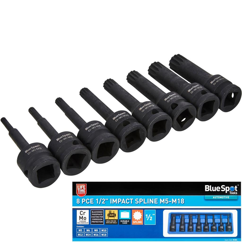 Bluespot 8pc Spline Hex Bit Impact Socket Set 1/2" Drive Sockets M8 - M18 With Rail by Bluespot