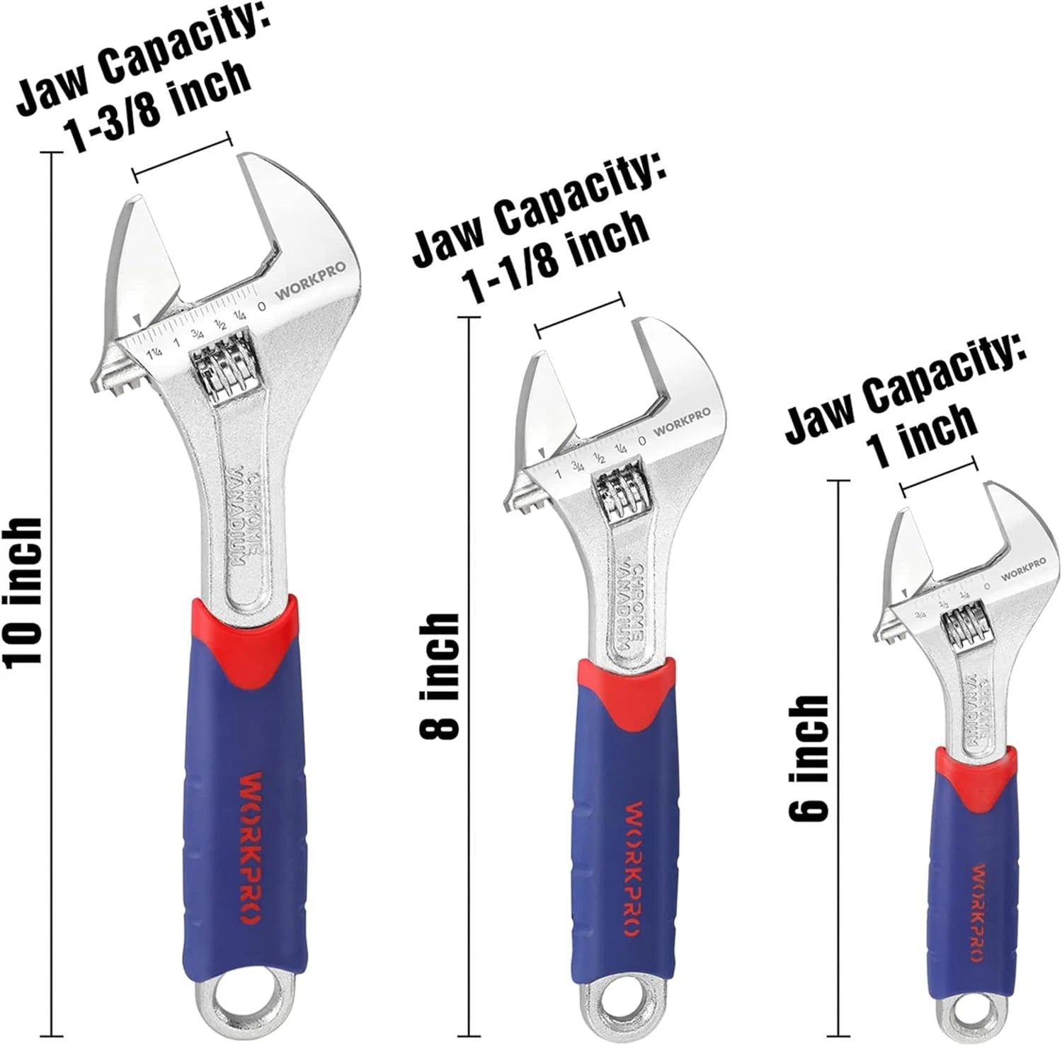 Workpro Adjustable Wrench Set W/rubberized Anti-slip Grips 10''8''6''