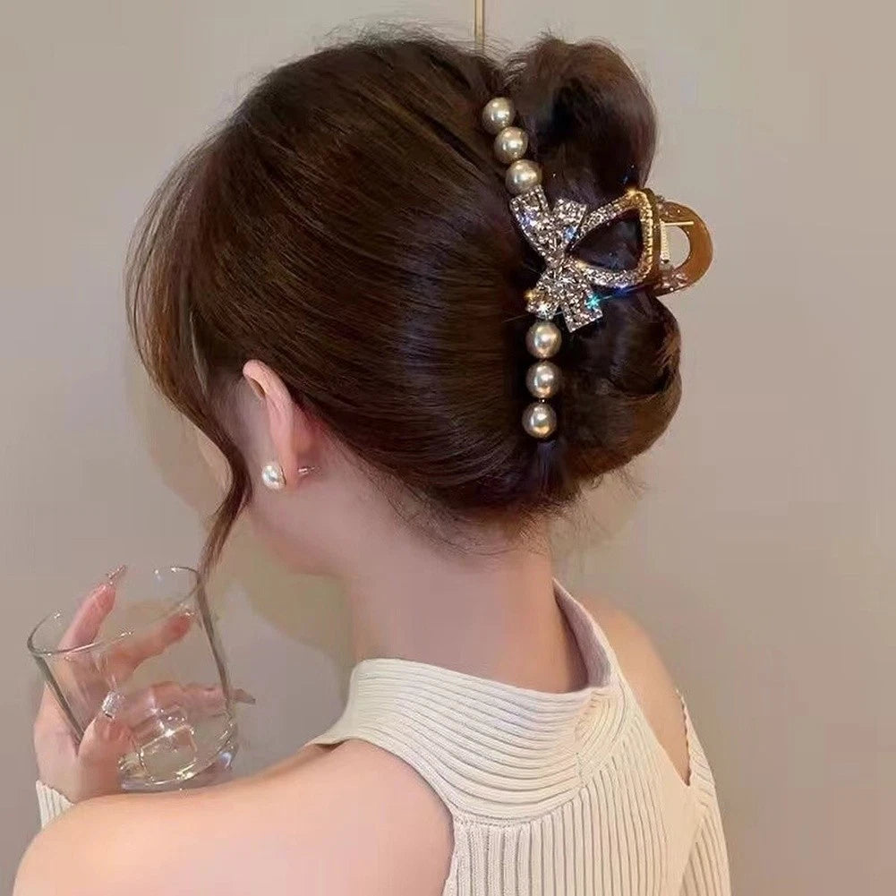 Pearl Bow Hair Clip For Women Korean Style Gold Plastic Resin Hair