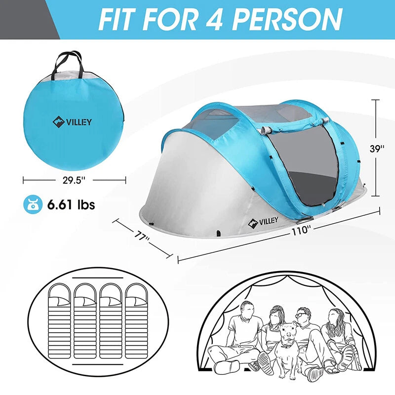 Villey 4 Persons Camping Tent Pop Up Tent Waterproof Automatic Setup