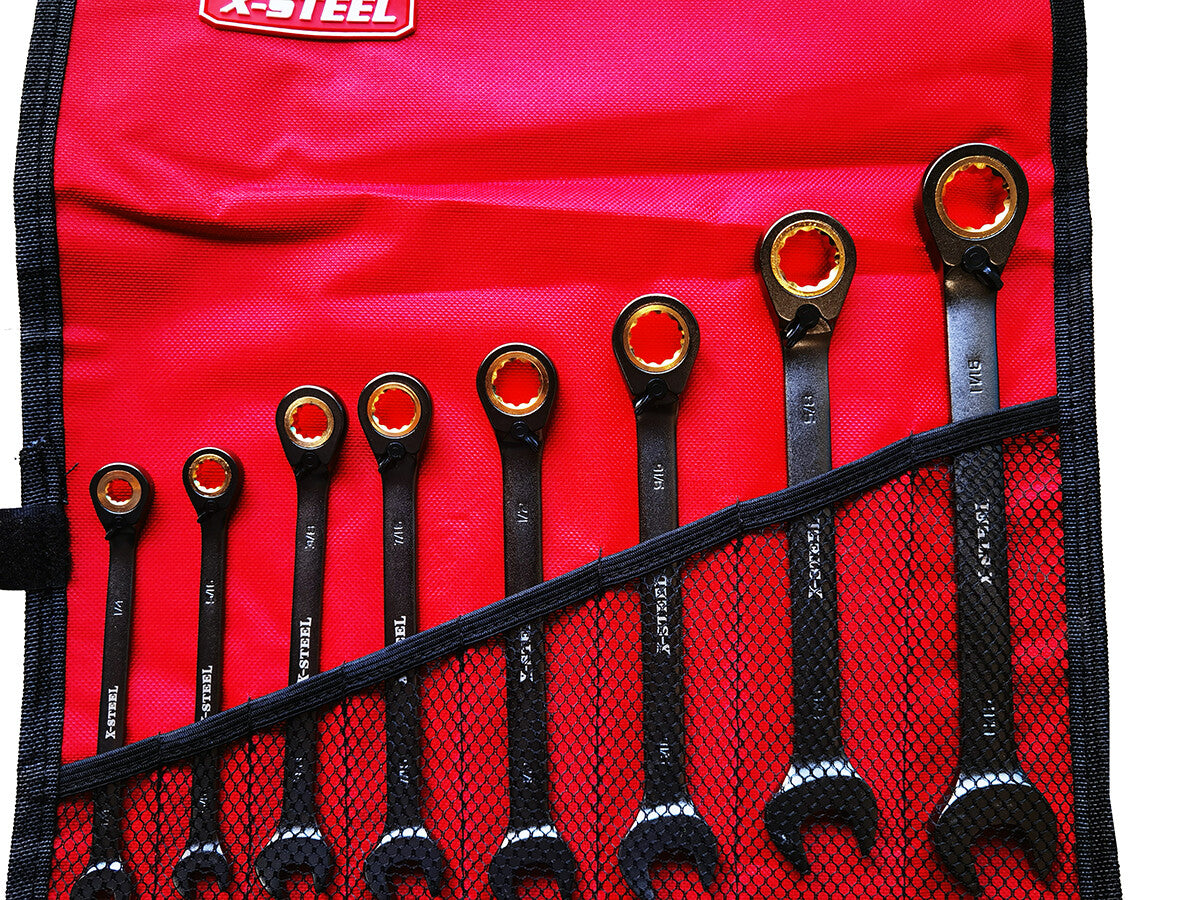 8PC Sae Imperial Ring & Open Reversible Ratchet Combination Wrench Set