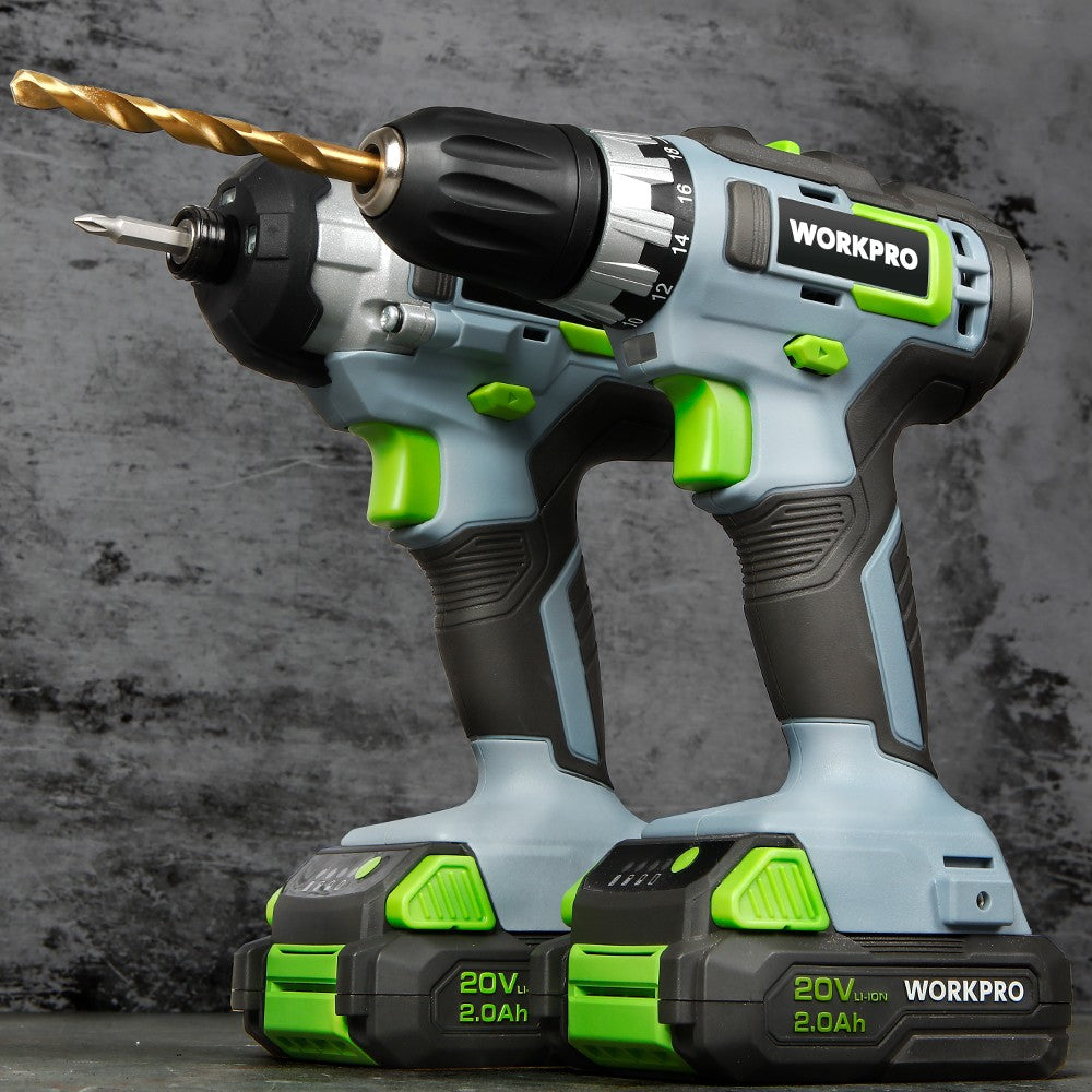 WORKPRO 20V Cordless Drill Driver Impact Driver Kit w/2PC Batteries