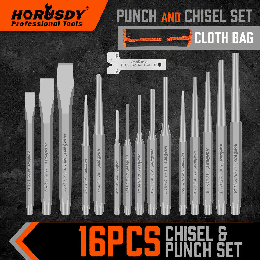 17PC Punch and Chisel Set Taper/Pin/Center Punch Cold Chisels With Cloth Bag H-H