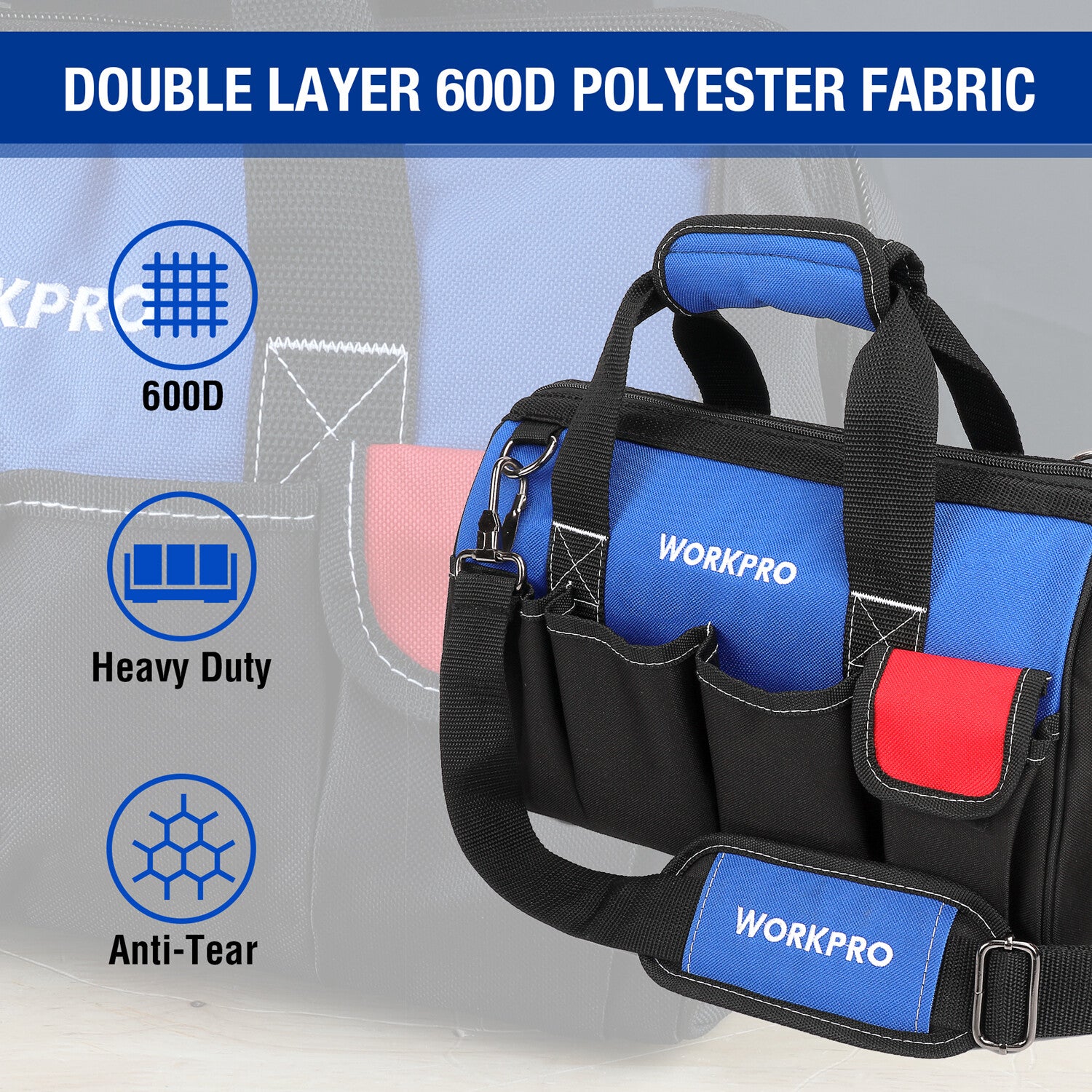 WORKPRO 14" Multi-Pocket Tool Bag Organizer with Shoulder Strap