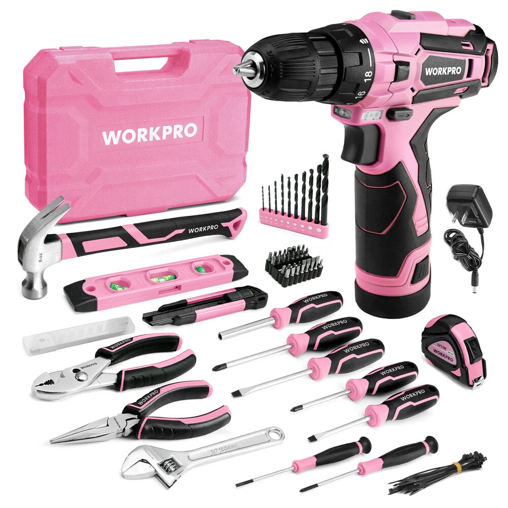 Workpro Pink Tool Set With Power Drill Portable 1.5 Ah Cordless Drills