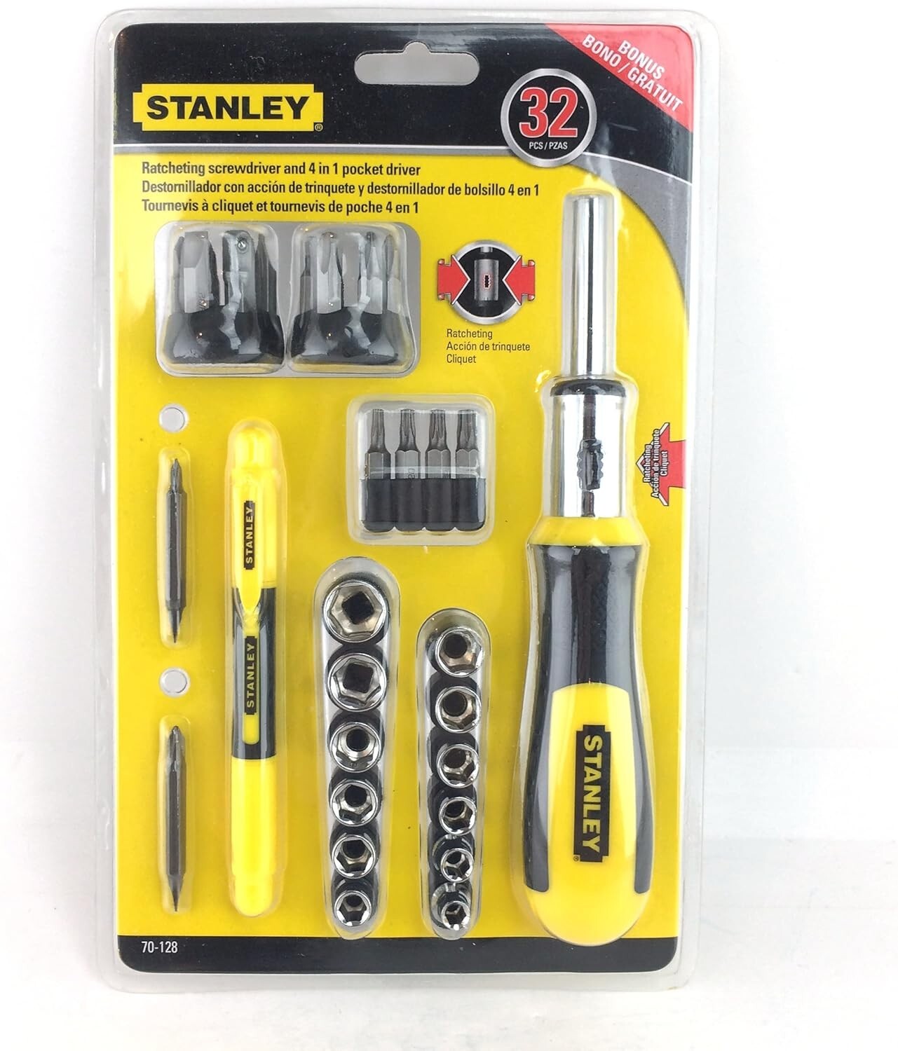 Stanley 32pc Ratcheting Screwdriver & MM+SAE Socket + 4-in-1 Pocket