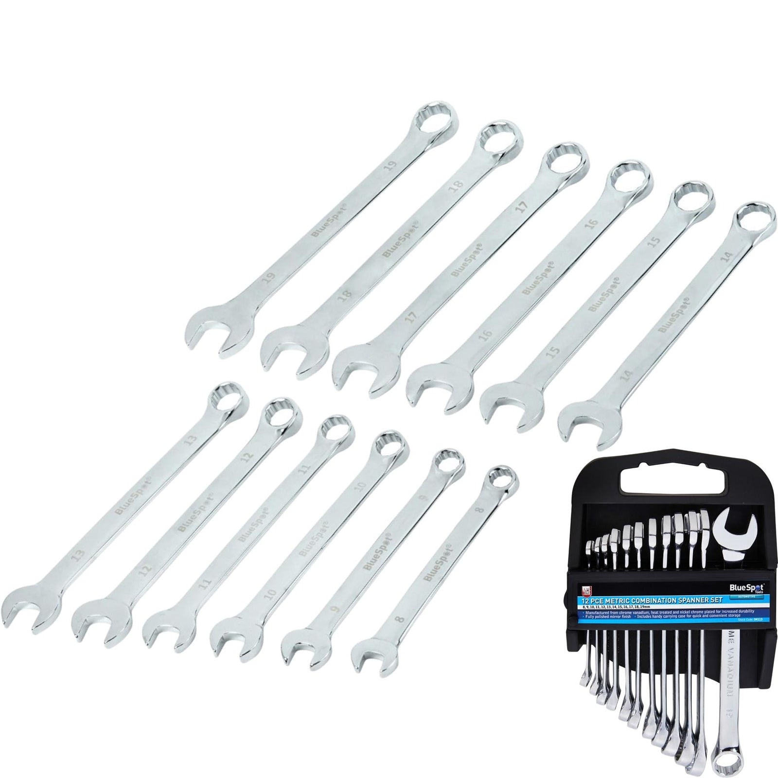 BlueSpot 12pc Combination Spanner Set Metric Steel Polished 8mm - 19mmOpens in a