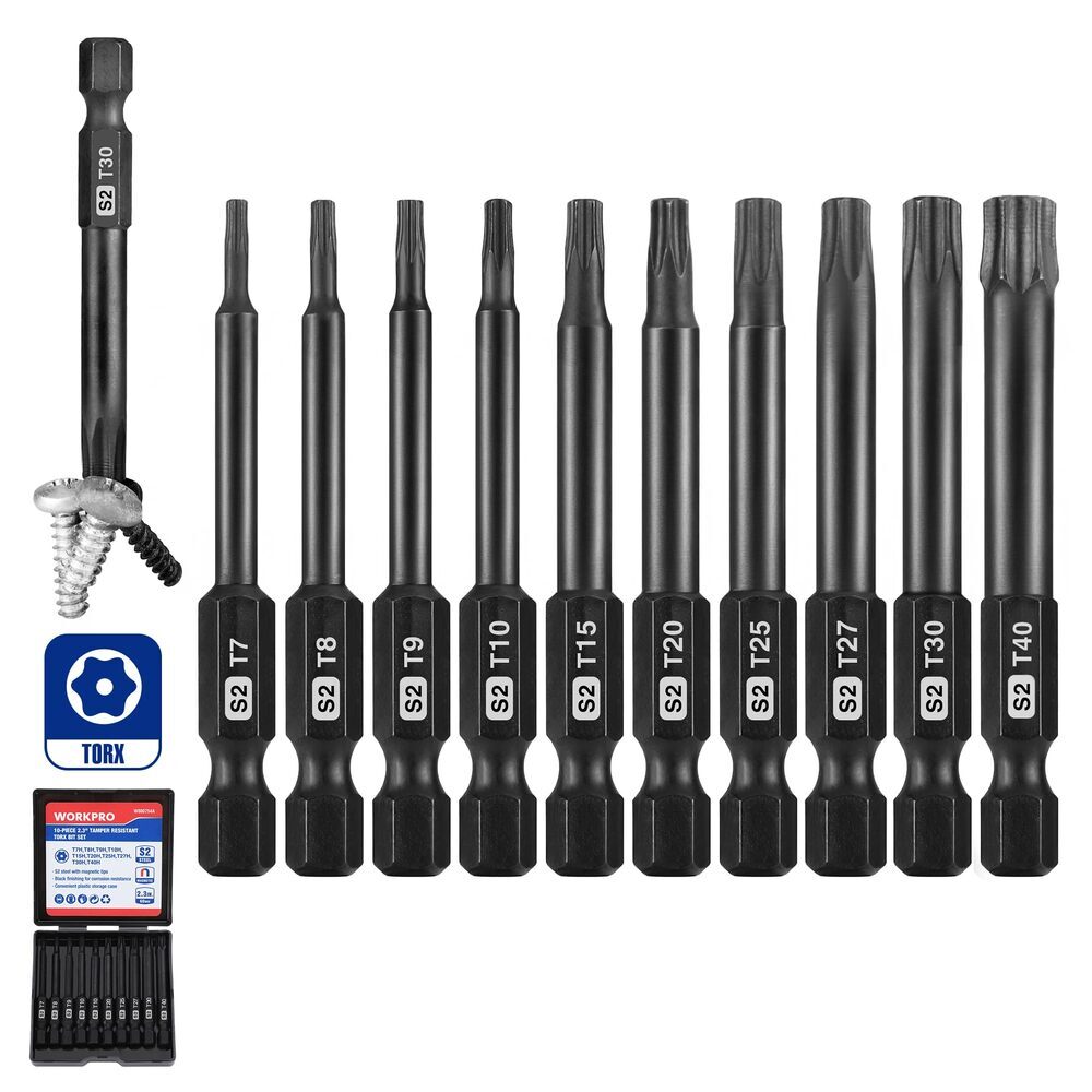 WORKPRO 10pcs Security Torx Bit Set CNC Machined S2 Steel Star 2.3" Long Tamper
