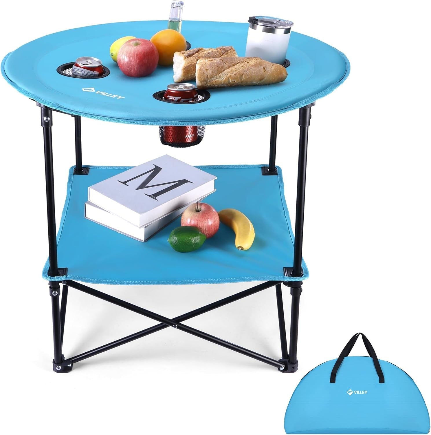 VILLEY Folding Camping Table Double-Layer Round Table w/4 Cup Holder &