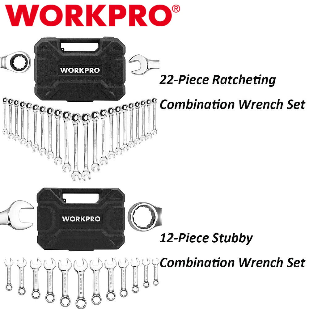 WORKPRO 12PIECE Stubby/22PIECE Ratcheting Combination Wrench Set w/Organizer Box