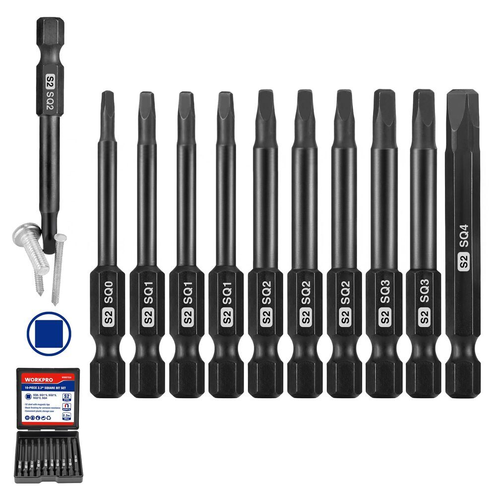 WORKPRO 10 PIECE Square Bit Set Magnetic Screwdriver Bits Set 1/4 Inch