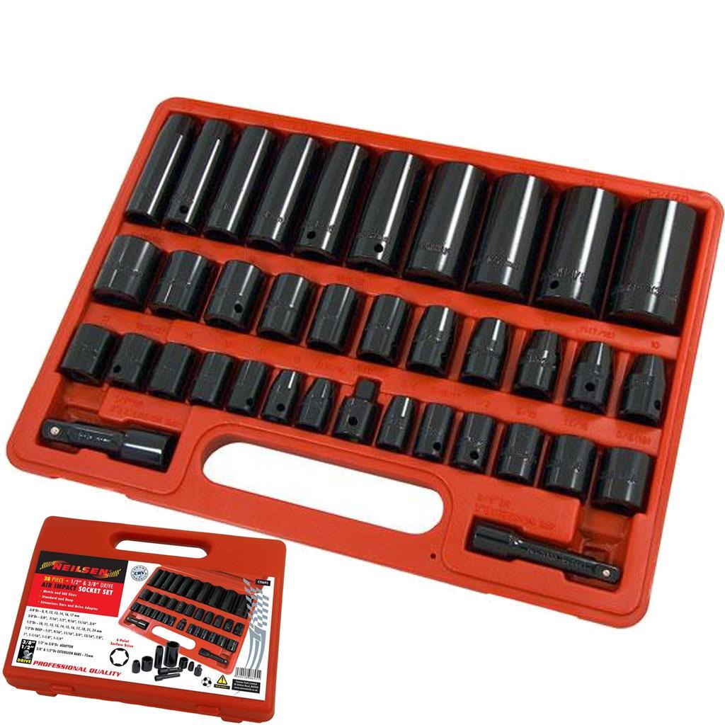 Neilsen 38pc Metric SAE Impact Sockets 8-24mm 3/4" 1/2"