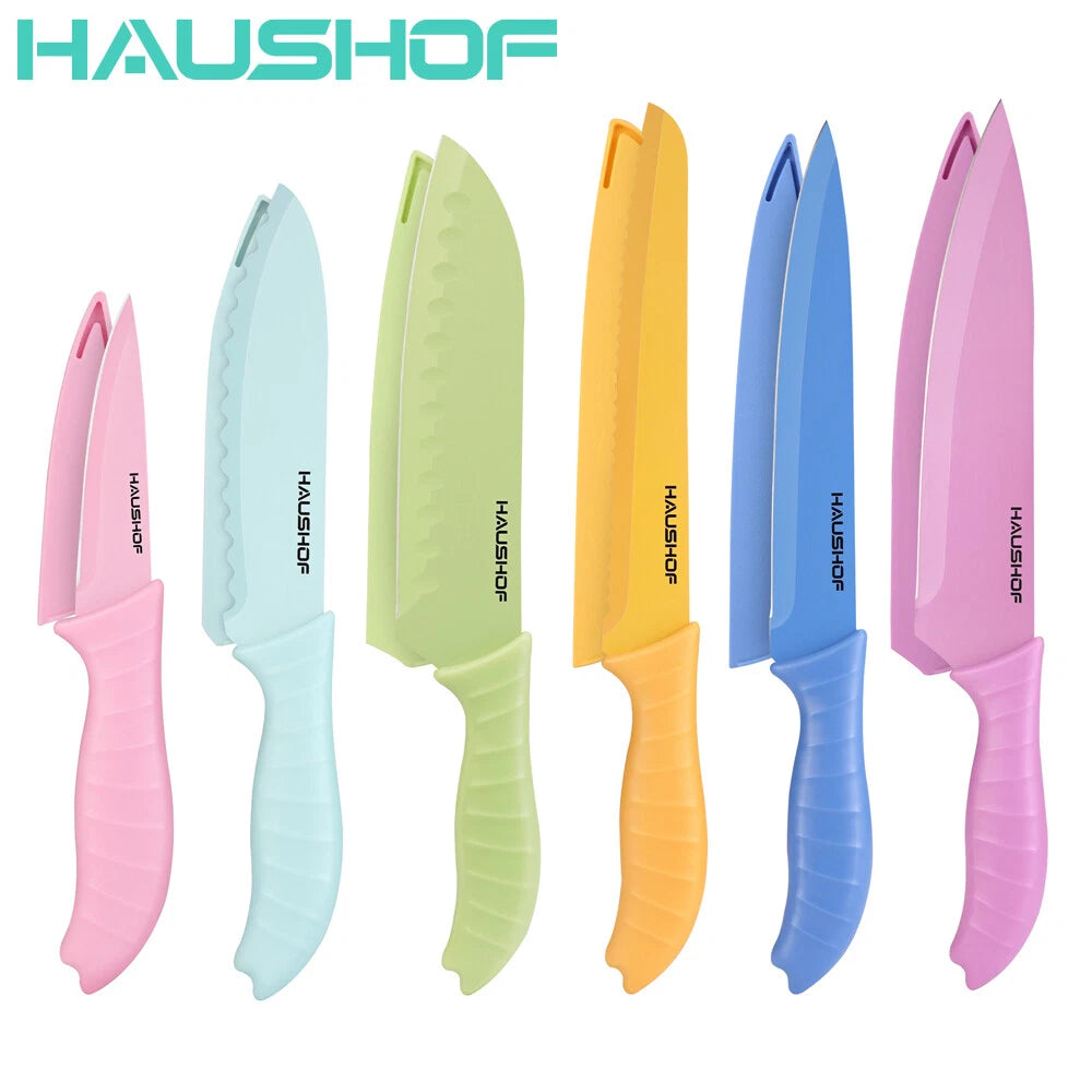 HAUSHOF Kitchen Knife Set 6PC Non-Stick Coated Stainless Steel Blades for Dicing