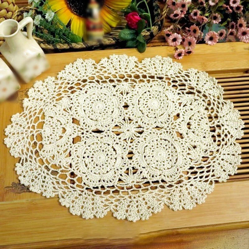Pure Cotton Manual Floral Lace Oval Doilies Pack For Traditional