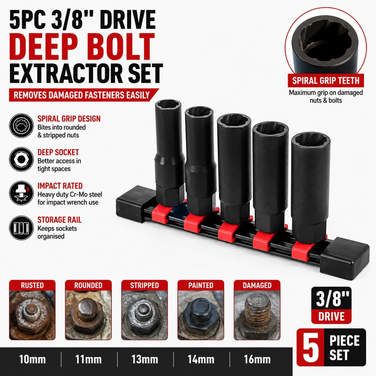 5pc 3/8" Dr Deep Bolt Extractor Set by Unbranded