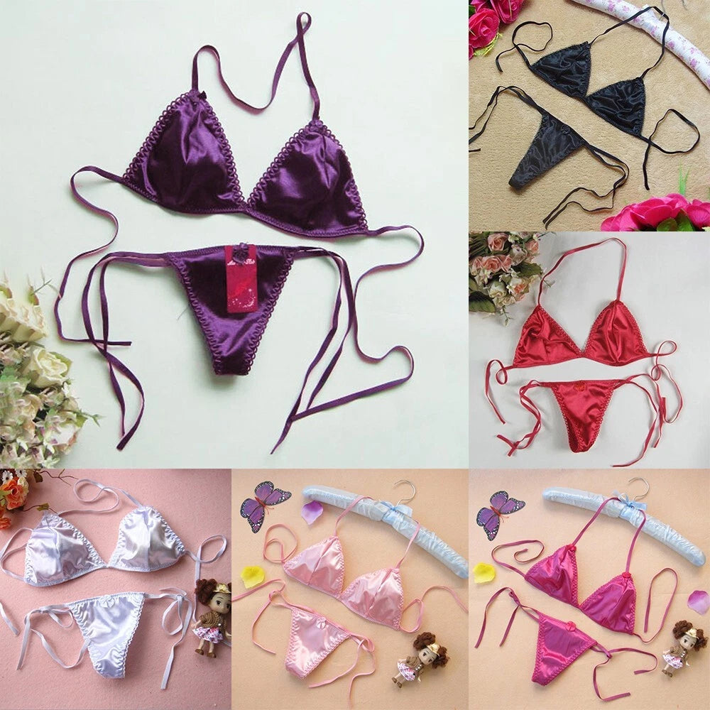 Panties Bikini Satin Bra Lace Up For Lingerie Satin Silk Sexy Thong