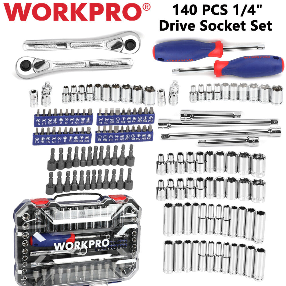 WORKPRO 140PCS 1/4" Drive Deep Socket Set Ratchet Socket Nut Bit