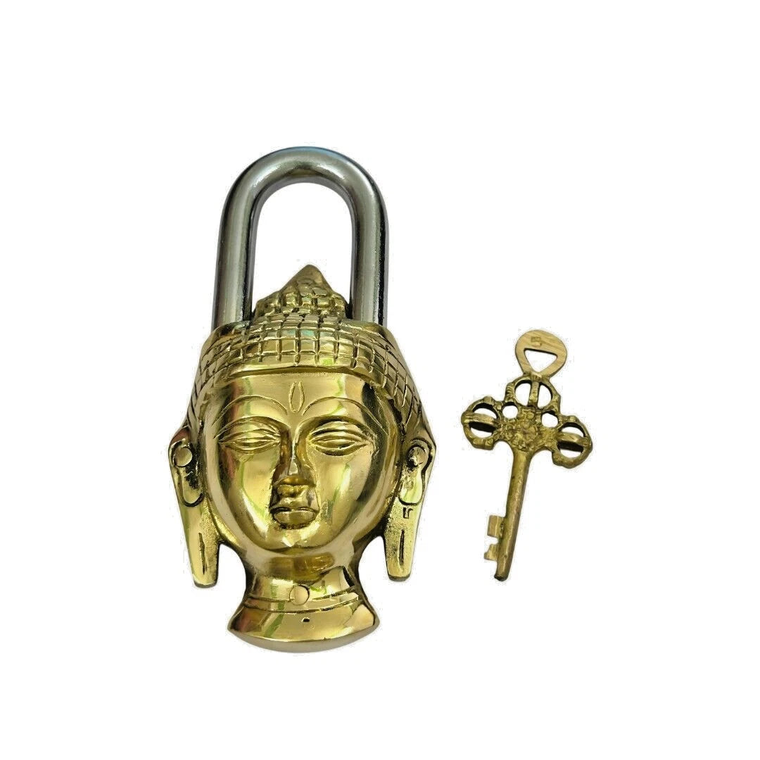 Antique Padlock Brass Hand Crafted Working Decorative Buddha Face