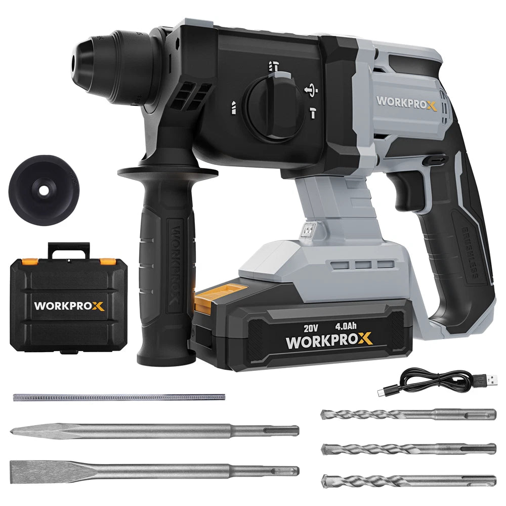 WORKPROX 20V Cordless Rotary Hammer Drill Kits 520W Brushless 7/8" SDS-Plus 2.0J
