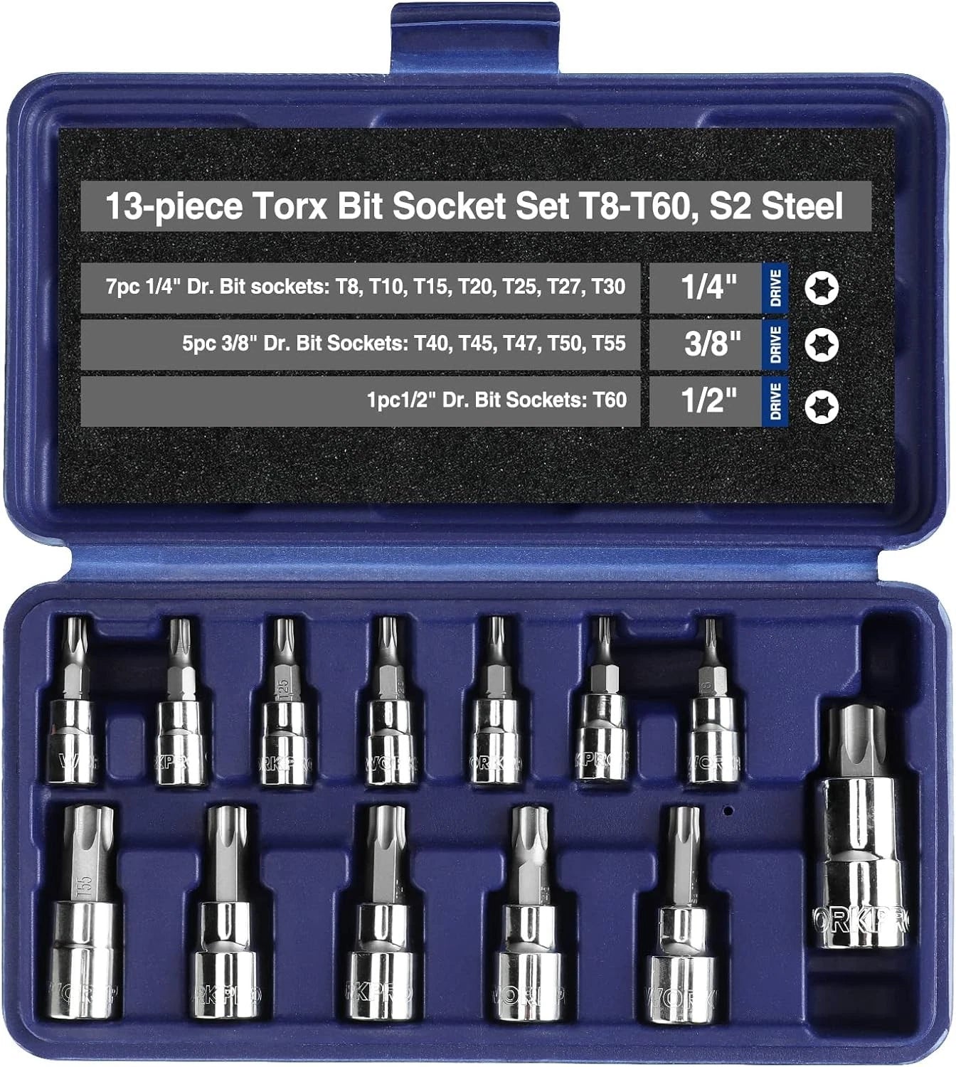 Workpro 13-piece Torx Bit Socket Set T8-t60 1/4", 3/8" And 1/2" Drive