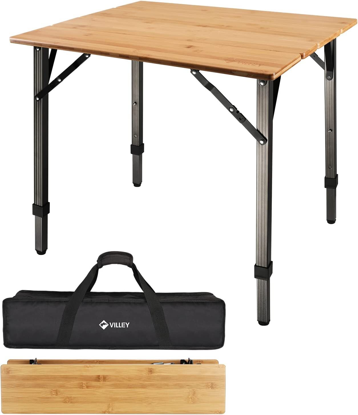 VILLEY Heavy Duty Bamboo Folding Camping Table Aluminum Adjustable Leg