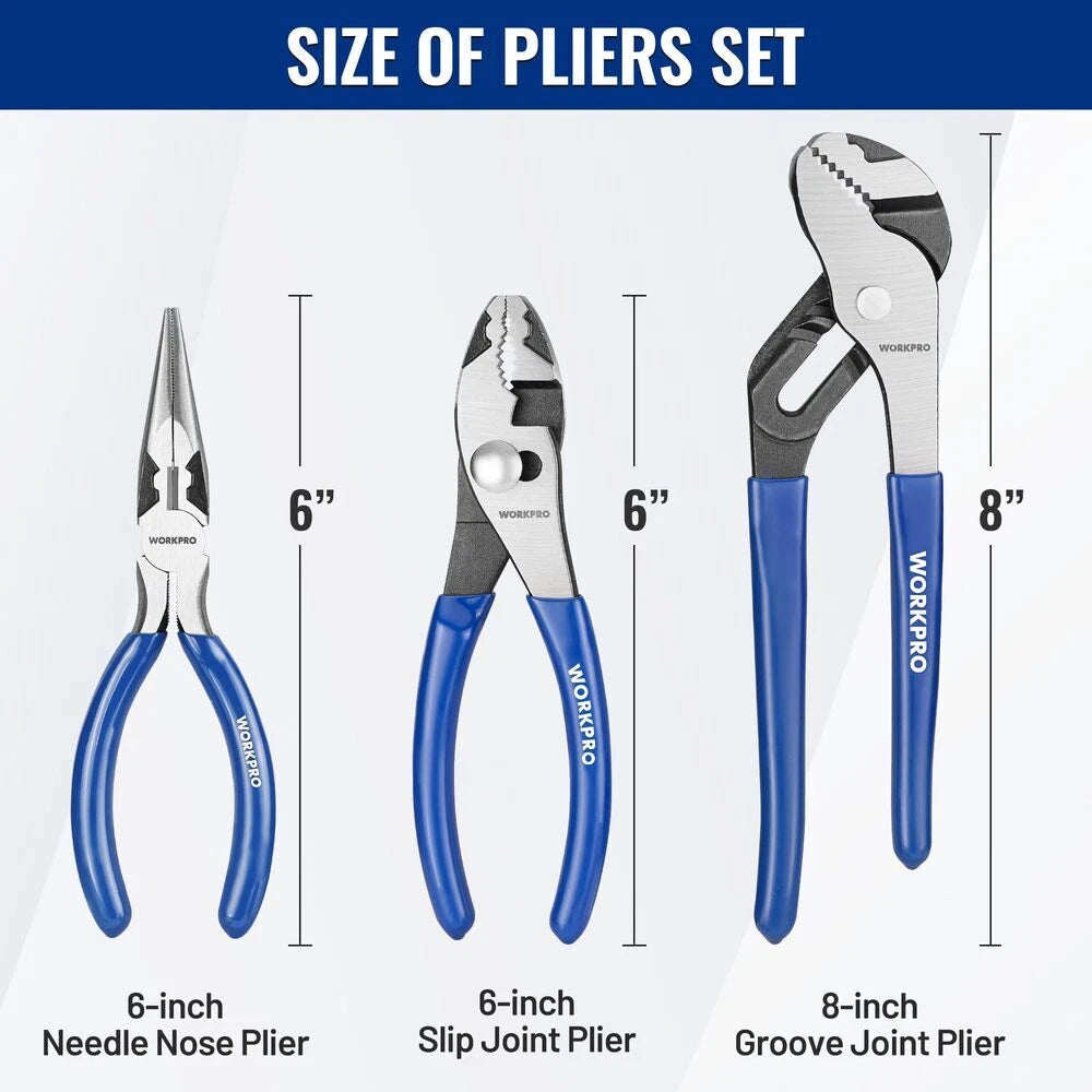 Workpro Pliers Set, 3-piece Pliers Tool Kit With Soft Handle Carbon