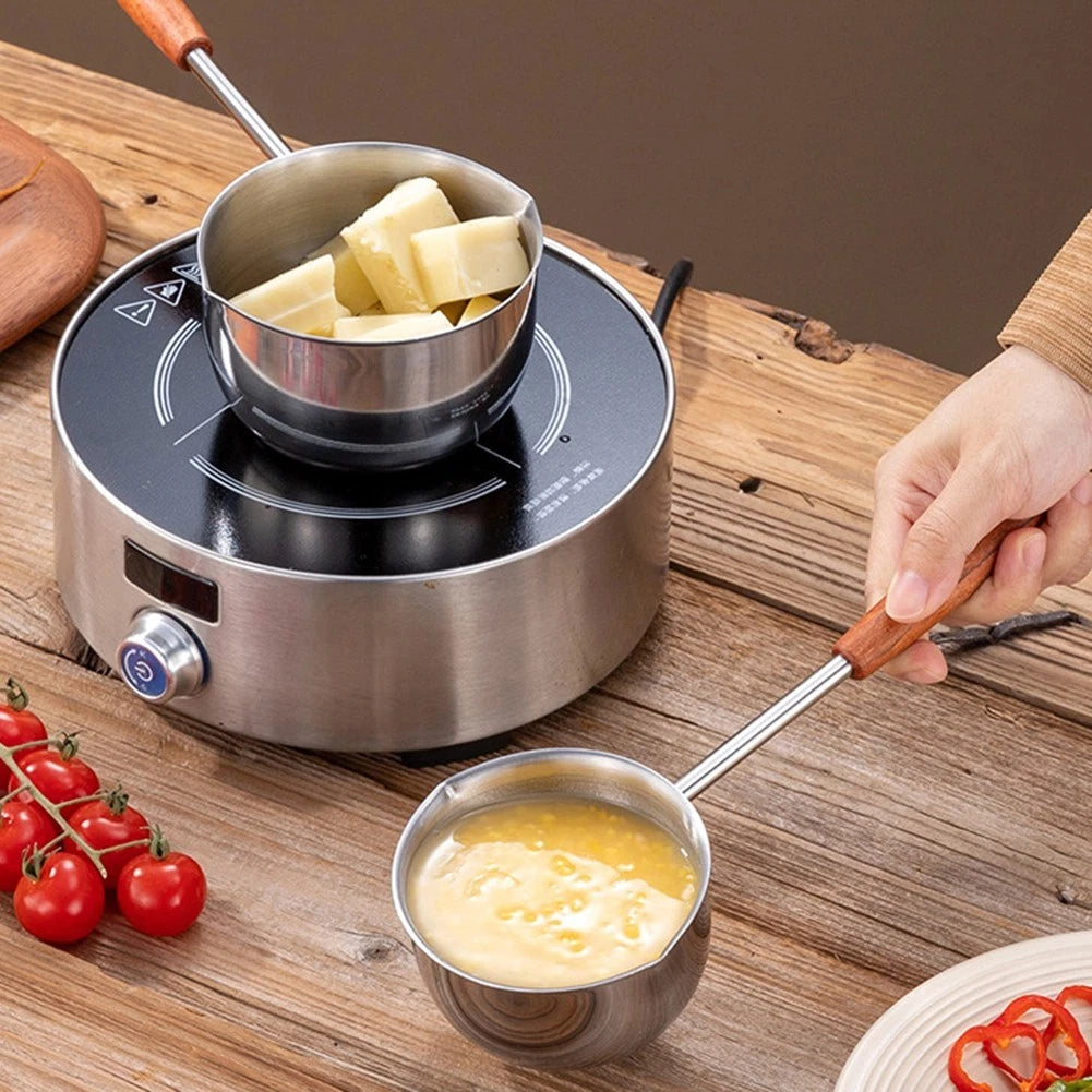 Stainless Steel Cooking Pan With Flat Bottom And Comfortable Wooden