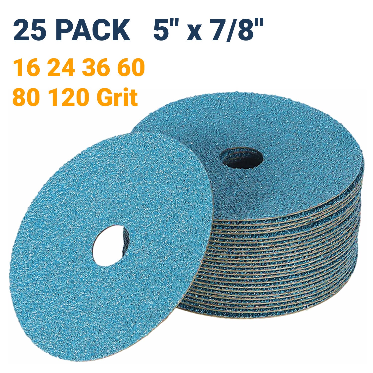 25 Pack 5 inch Zirconia Resin Fiber Disc 60 80 120 Grit Sanding