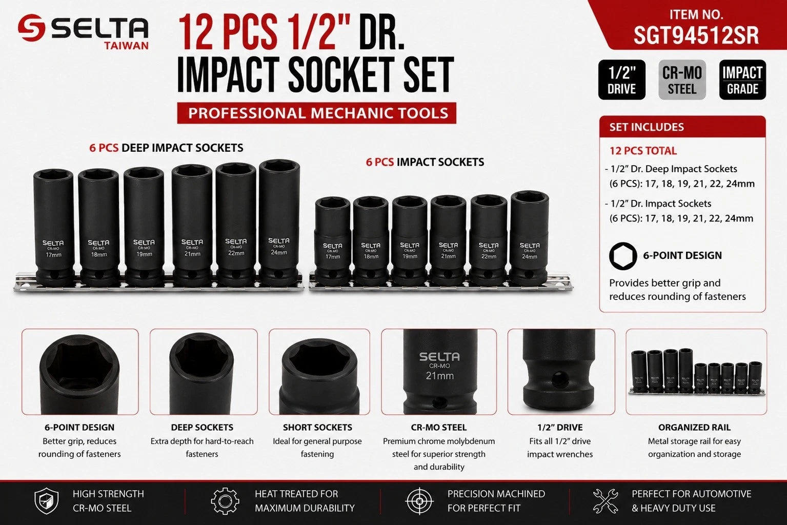Selta Taiwan 1/2" Dr 6pt Cr-mo Regualr & Deep Air Impact Socket