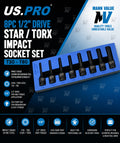 US PRO 8pc 1/2" Drive Star / Torx Bit Impact Socket Set T30 - T80 EVA 