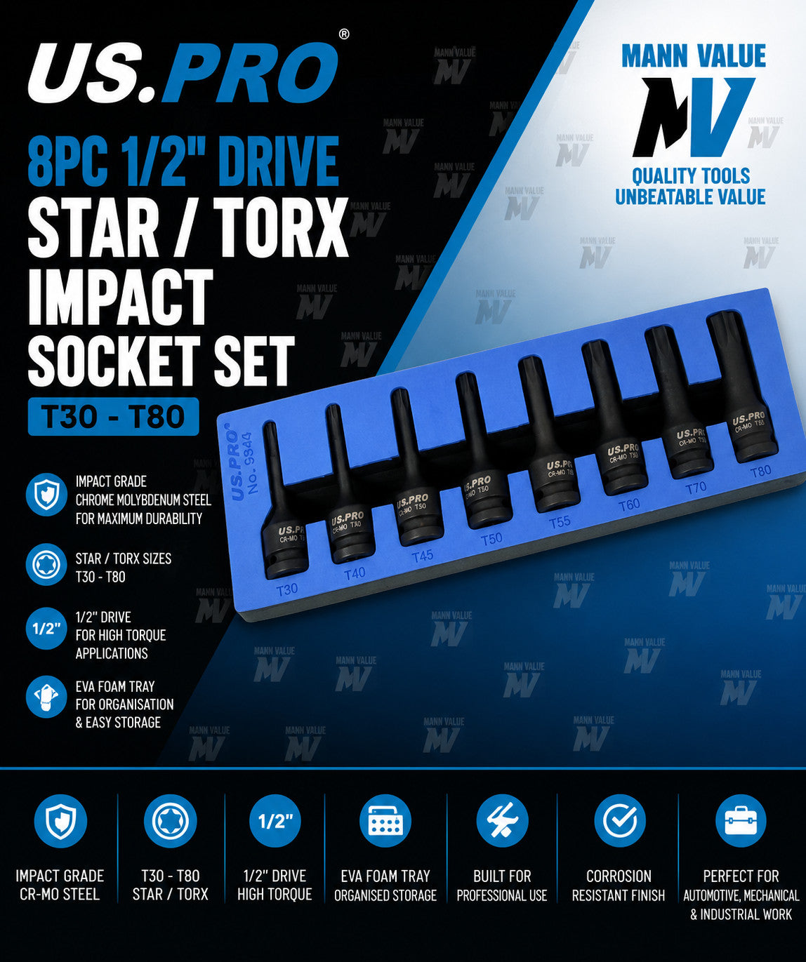 US PRO 8pc 1/2" Drive Star / Torx Bit Impact Socket Set T30 - T80 EVA 