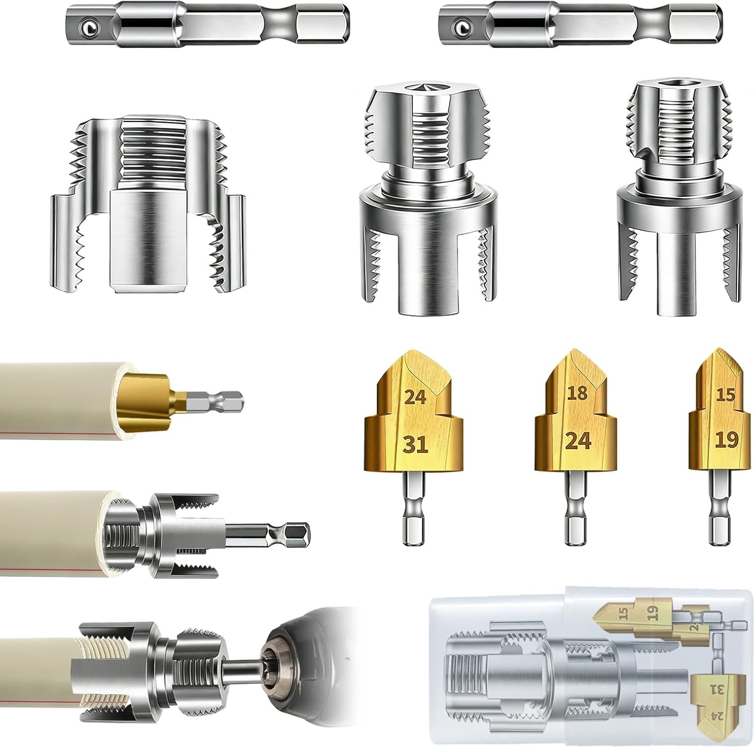3PCS Pvc Pipe Threader Tool Kit-1/2" 3/4" 1" Dual-Function Integrated