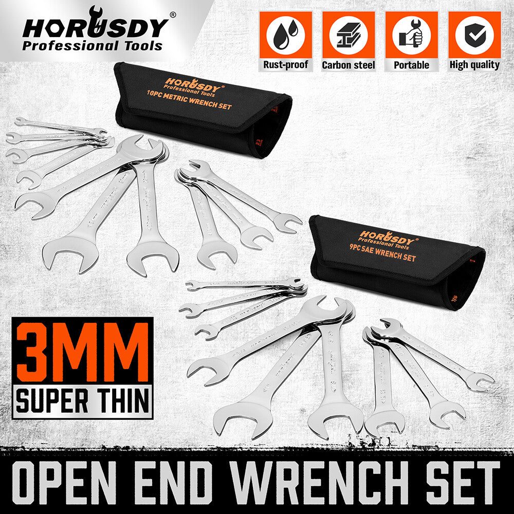 19PC SAE & Metric Thin Open End Wrench Set Bike Wrench Set W/ Rolling