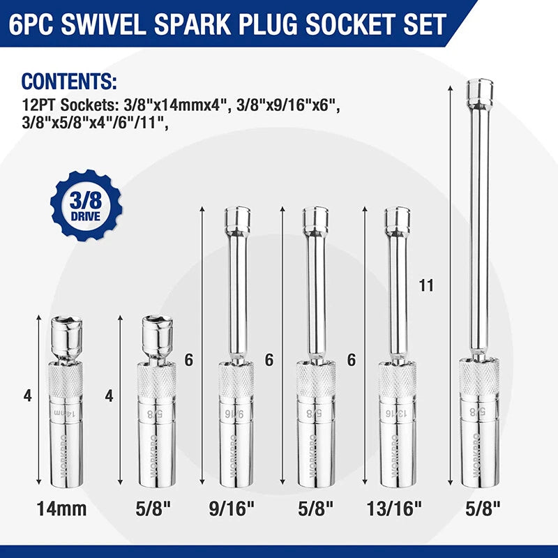 Workpro Magnetic Swivel Spark Plug Socket Set 12pt