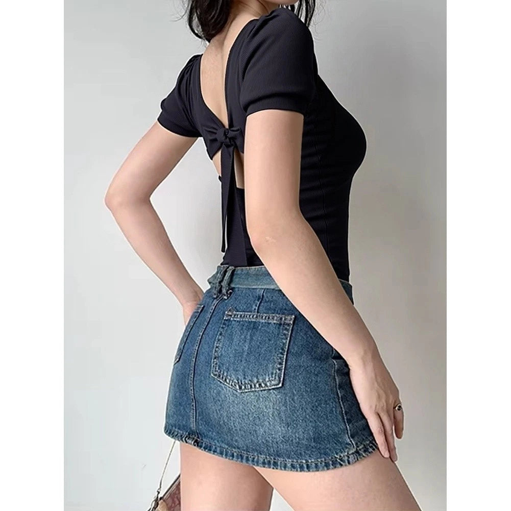 For Women's Summer For Slim Fit T Shirt With U Neck Puff Sleeves And