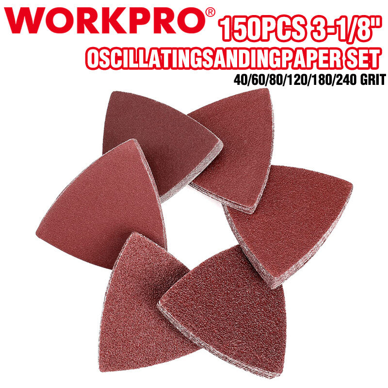 WORKPRO 150PCS 3-1/8" Triangle Sanding Pads Hook Loop