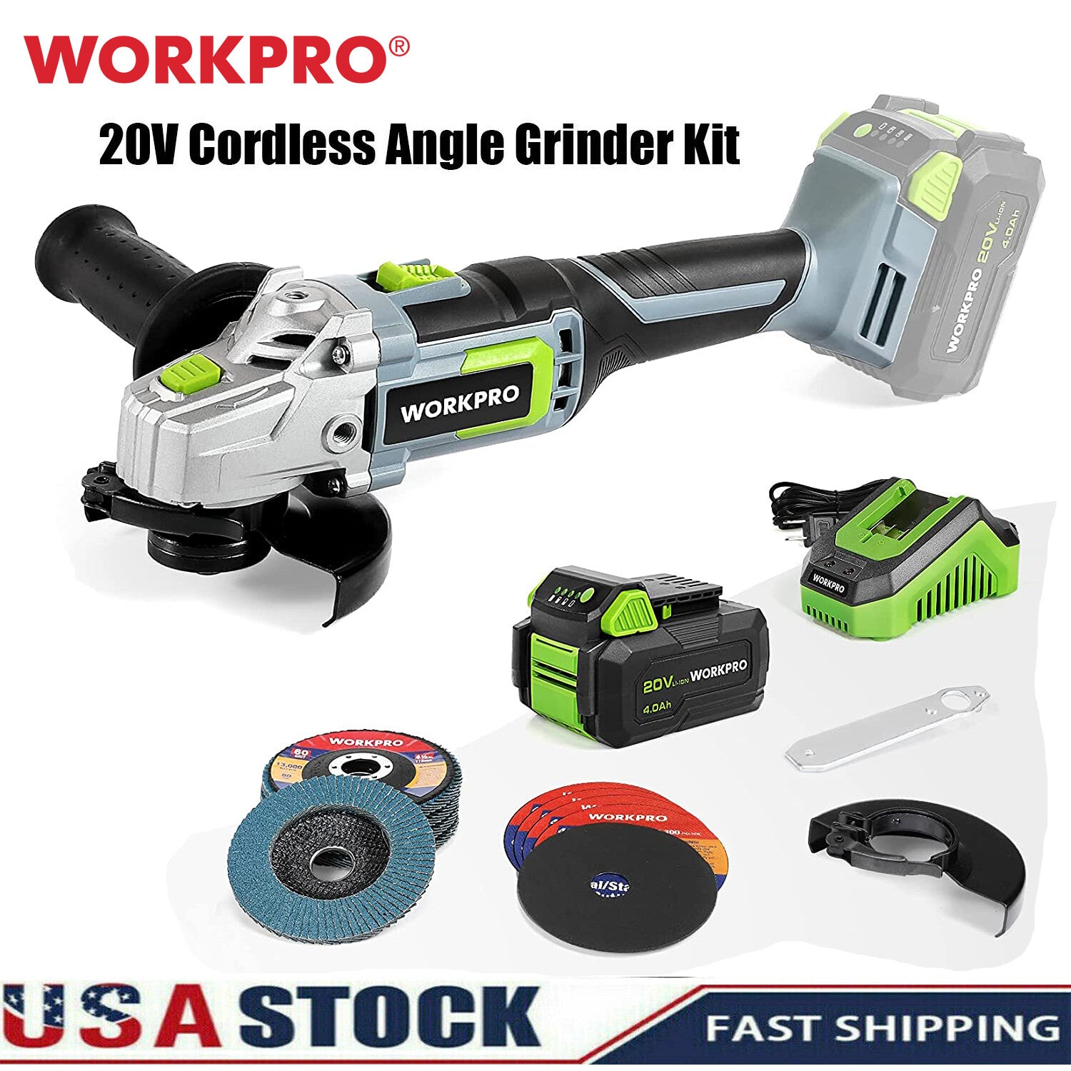 WORKPRO 20V Cordless Angle Grinder Kit 4-1/2 Inch Lightweight Angle