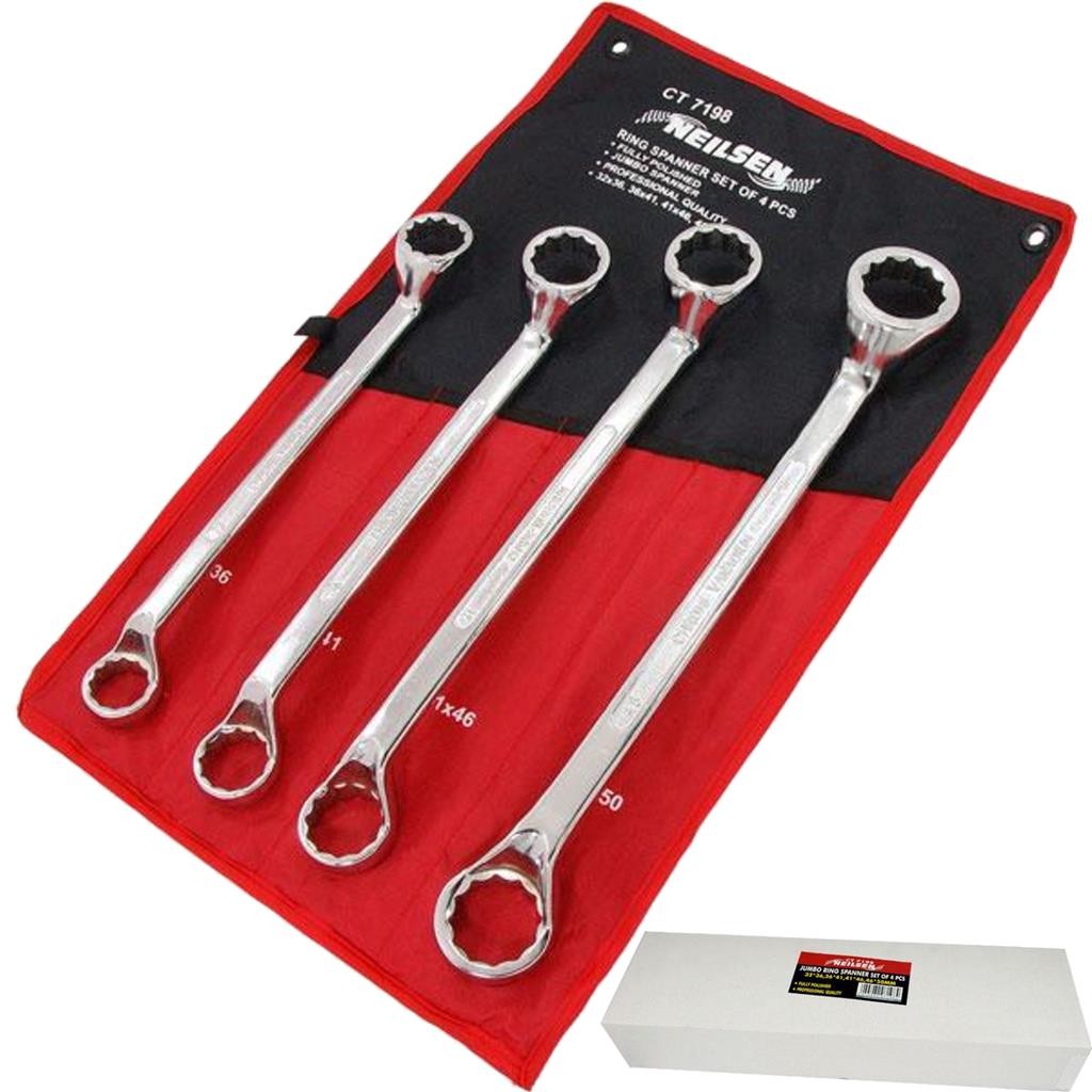 Neilsen 4pc Jumbo Ring Spanner Set Full Polish Large Size Metric Heavy WrenchOpe