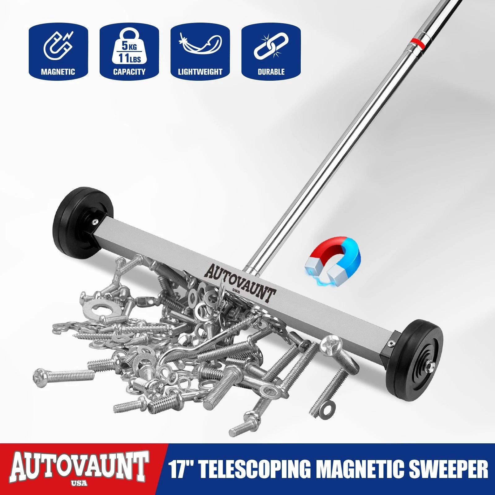 17" Rolling Magnetic Sweeper Picks up Tools Nails Screws Clips Garage Shop Yard