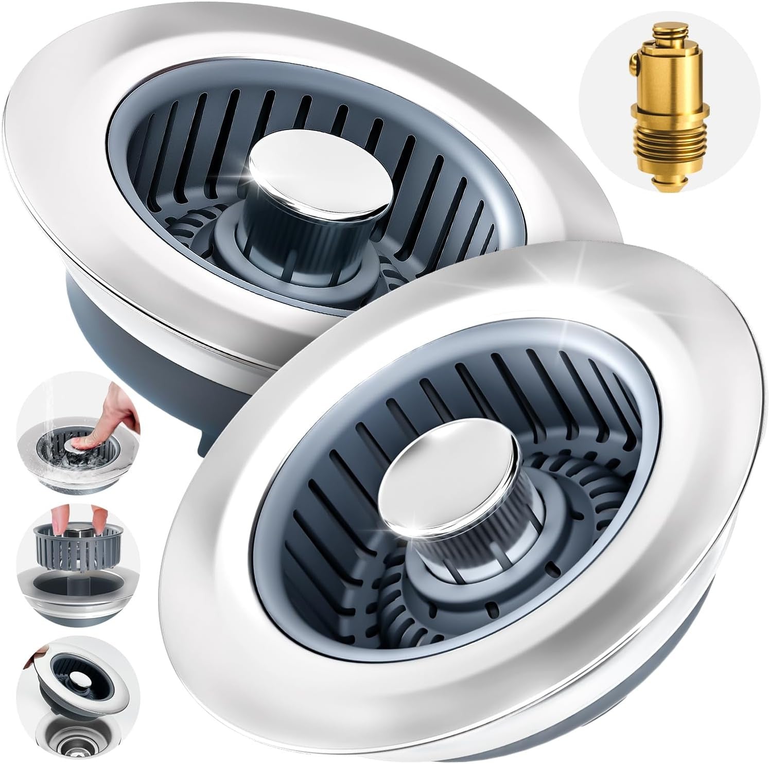 2 Pack Sink Drain Strainer, Sink Stopper, 3 in 1 Stainless Steel