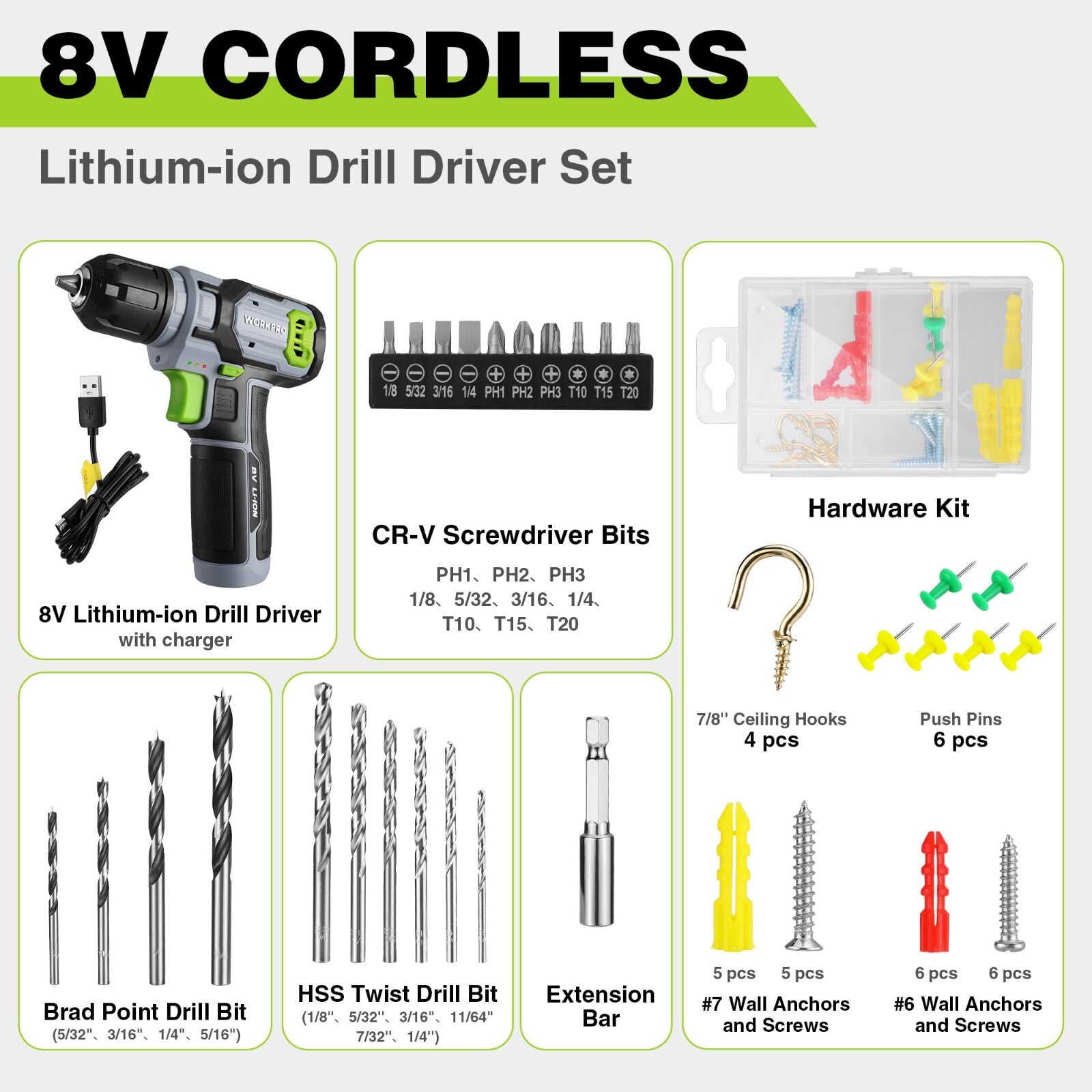 WORKPRO Cordless Power Drill Set 8V by WORKPRO