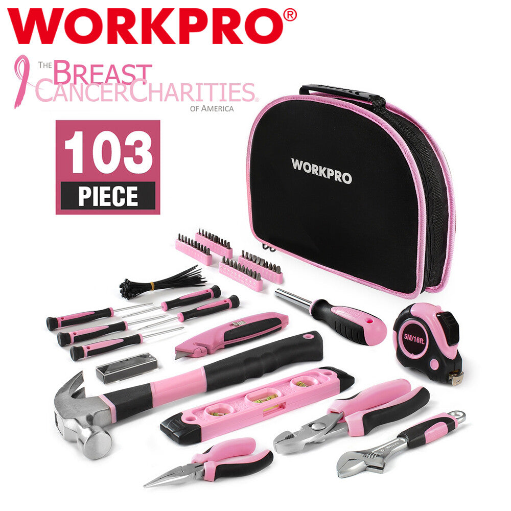 WORKPRO 103PCS Pink Tool Kit Hand Tool Set Chrome Finish Household
