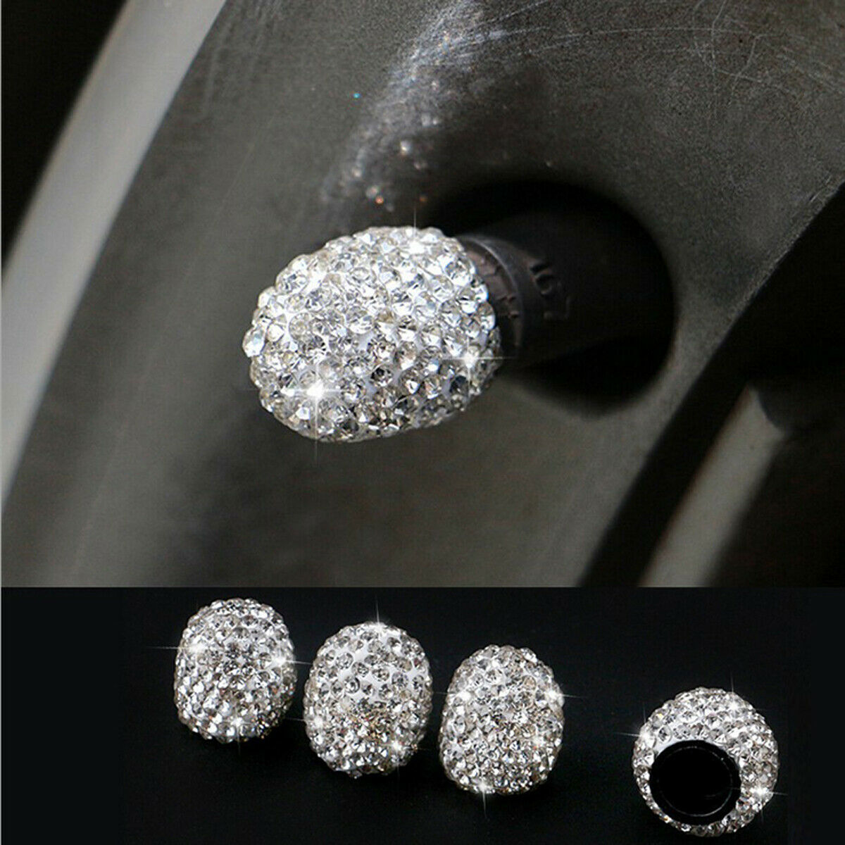 4x White Diamond Bling Car Tire Wheel Air Valve Stem Anti Dust Cap